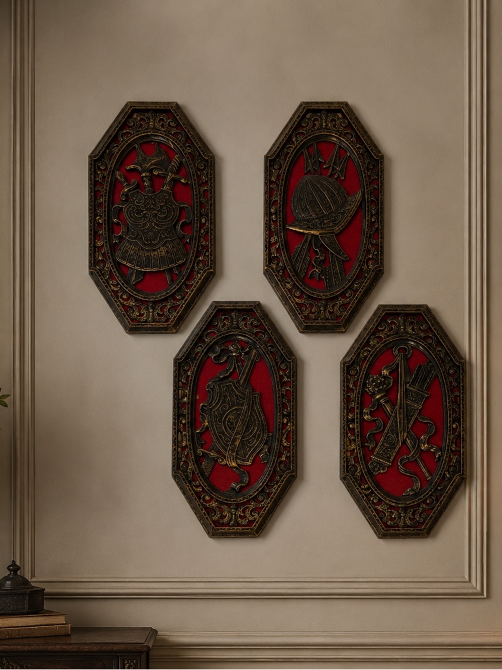 4- Elegant  Gothic Red and Gold Wall Plaques Set